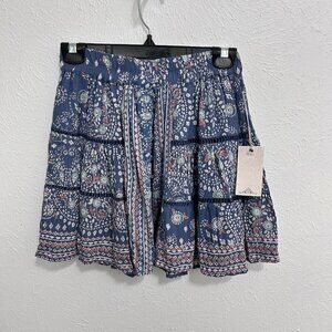Floral Slate Blue Tiered Mini Skirt Size A Rockin’ C Western Cowgirl Boho Stetch